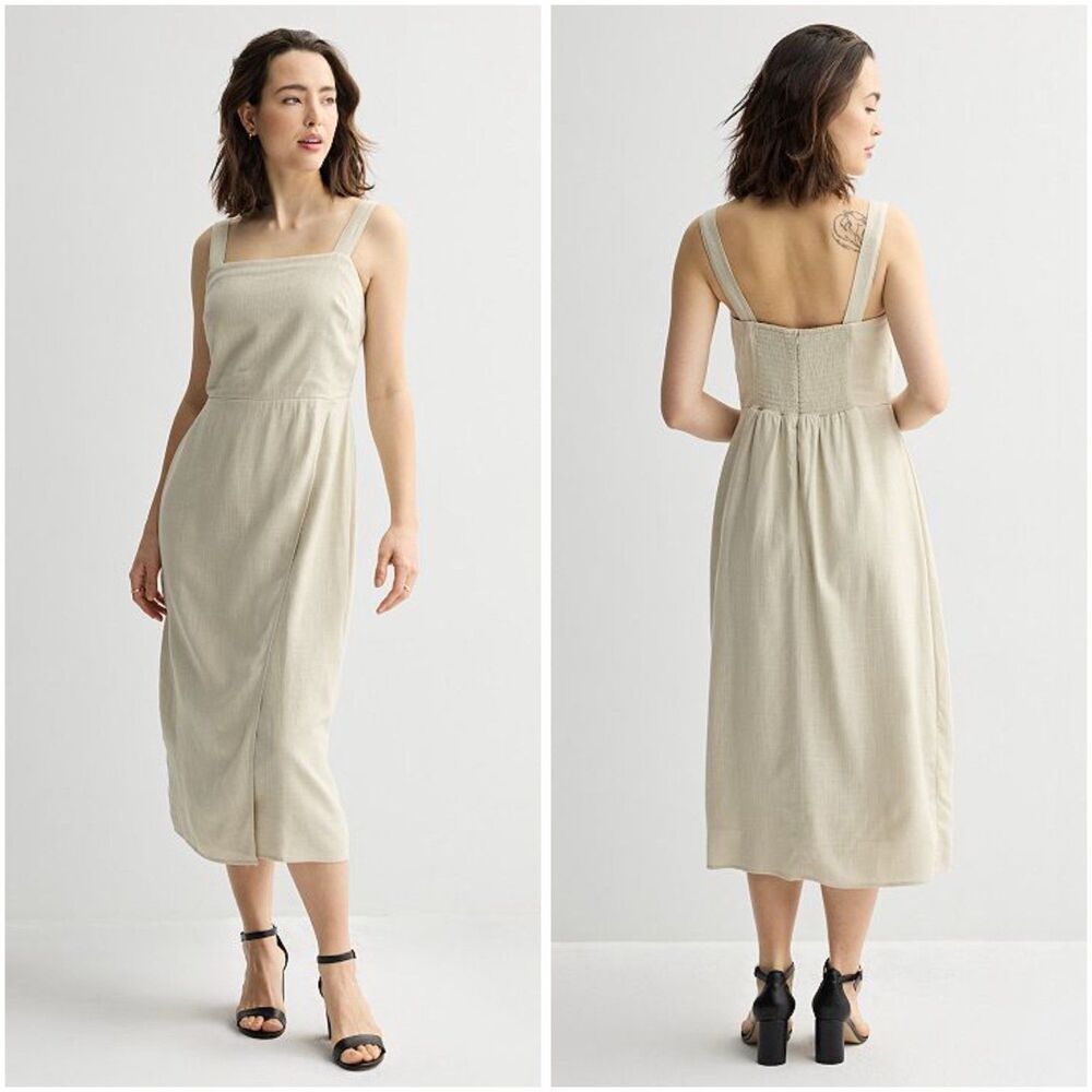 Nine West Beige Tulip Hem Linen Blend Midi Dress size Large